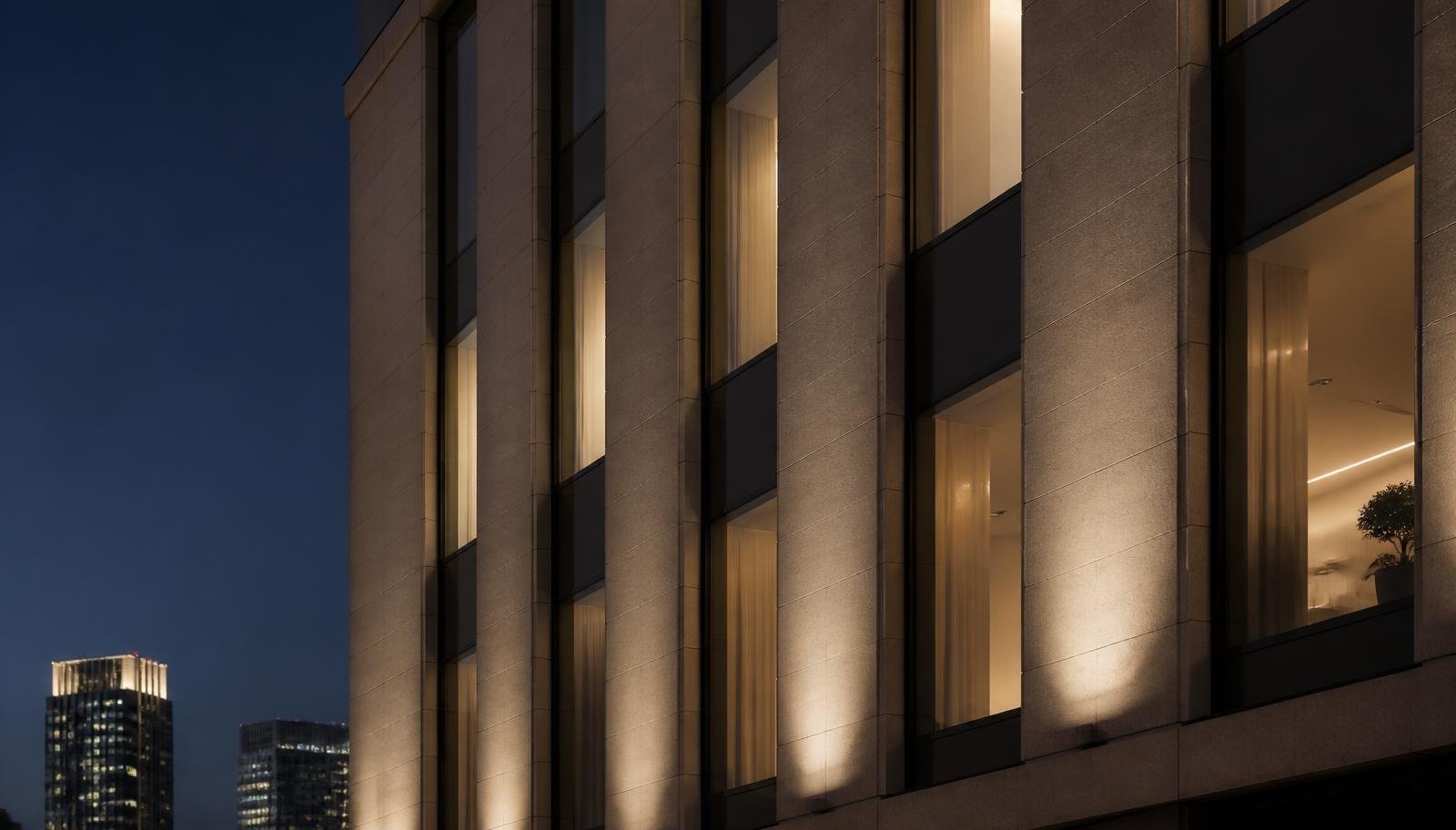 Luxury financial district architecture at dusk