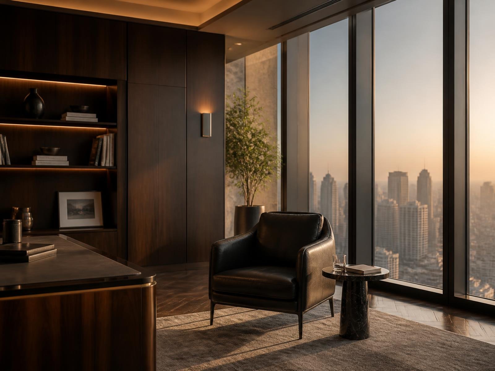 Private wealth Office office overlooking a city skyline at golden hour